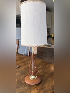 Mid-Century walnut Wood & Brass Table Lamp with original Cream Shade